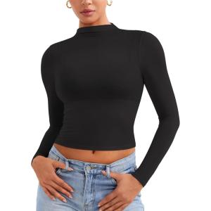imageYEOREO Womens Sheer Tops Long Sleeve See Through Tops Mock Neck Slim Fit Workout Shirt Jamy Going Out Sexy ShirtsBlack