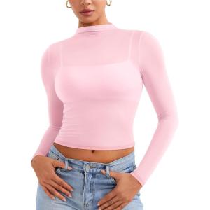 imageYEOREO Womens Sheer Tops Long Sleeve See Through Tops Mock Neck Slim Fit Workout Shirt Jamy Going Out Sexy ShirtsCherry Blossom