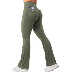 imageYEOREO CoreFlex Women Workout Mini Flare Leggings with Pockets Hidden Scrunch Cargo Gym Casual DenimLook Yoga PantsArmy Green