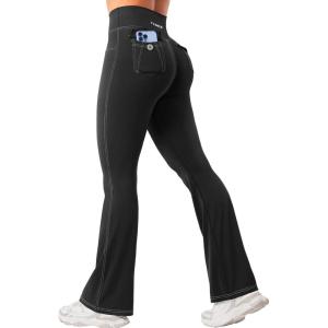 imageYEOREO CoreFlex Women Workout Mini Flare Leggings with Pockets Hidden Scrunch Cargo Gym Casual DenimLook Yoga PantsBlack