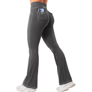 imageYEOREO CoreFlex Women Workout Mini Flare Leggings with Pockets Hidden Scrunch Cargo Gym Casual DenimLook Yoga PantsDark Gray