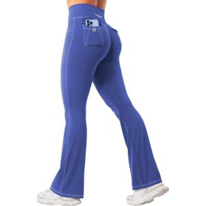 imageYEOREO CoreFlex Women Workout Mini Flare Leggings with Pockets Hidden Scrunch Cargo Gym Casual DenimLook Yoga PantsGalactic Cobalt Blue