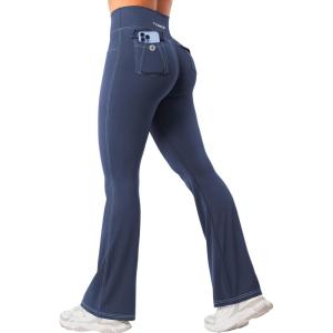 imageYEOREO CoreFlex Women Workout Mini Flare Leggings with Pockets Hidden Scrunch Cargo Gym Casual DenimLook Yoga PantsNavy Blue