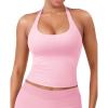 imageYEOREO SoftHue Womens Impact Halter Tank Top Longline Backless Scoop Neck Builtin Bra Sports Workout Gym Crop TopPink