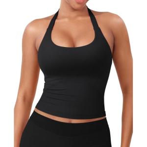 imageYEOREO SoftHue Womens Impact Halter Tank Top Longline Backless Scoop Neck Builtin Bra Sports Workout Gym Crop TopBlack