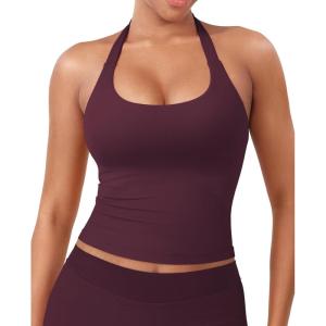imageYEOREO SoftHue Womens Impact Halter Tank Top Longline Backless Scoop Neck Builtin Bra Sports Workout Gym Crop TopMauve