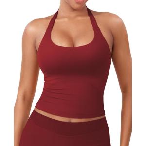 imageYEOREO SoftHue Womens Impact Halter Tank Top Longline Backless Scoop Neck Builtin Bra Sports Workout Gym Crop TopScarlett Red