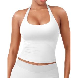 imageYEOREO SoftHue Womens Impact Halter Tank Top Longline Backless Scoop Neck Builtin Bra Sports Workout Gym Crop TopWhite