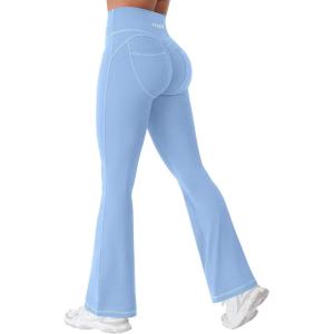imageYEOREO CoreFlex Mini Flare Workout Leggings with Pockets for Women Butt Lifting High Waisted Hidden Scrunch Gym Denim PantsLight Blue