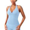 imageYEOREO Womens Halter Tank Tops Workout Impact Longline Strappy Top Padded Deep V Neck Wrap Gym Backless Bra CamisoleSky Bule