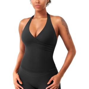 imageYEOREO Womens Halter Tank Tops Workout Impact Longline Strappy Top Padded Deep V Neck Wrap Gym Backless Bra CamisoleBlack