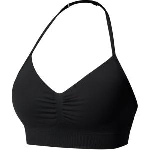 imageYEOREO SoftHue Women Halter Sports Bra Longline Strappy Bras Vanie V Neck Padded Seamless Open Back Workout Gym Crop TopBlack