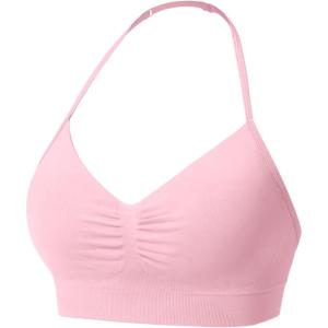 imageYEOREO SoftHue Women Halter Sports Bra Longline Strappy Bras Vanie V Neck Padded Seamless Open Back Workout Gym Crop TopPink