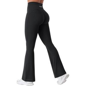 imageYEOREO CoreFlex Mini Flare Workout Leggings with Pockets for Women Butt Lifting High Waisted Hidden Scrunch Gym Denim PantsPure Black