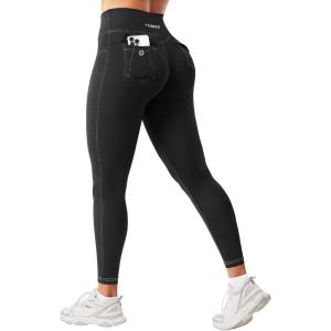 imageYEOREO CoreFlex Women Workout Leggings with Pockets Scrunch Butt Lifting Gym Cargo DenimLook Yoga PantsBlack