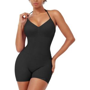 imageYEOREO SoftHue One Piece Workout Jumpsuits for Women Halter Backless Short Jumpsuit Sleeveless Ribbed Bodycon Gym Yoga RomperBlack
