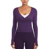 imageYEOREO Minniy Women Wrap Long Sleeve with Thumb Loops V Neck Basic Workout Shirts for Yoga Pilates Going Out Shrug BlouseDark Purple