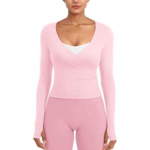 imageYEOREO Minniy Women Wrap Long Sleeve with Thumb Loops V Neck Basic Workout Shirts for Yoga Pilates Going Out Shrug BlouseBaby Pink