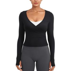 imageYEOREO Minniy Women Wrap Long Sleeve with Thumb Loops V Neck Basic Workout Shirts for Yoga Pilates Going Out Shrug BlouseBlack