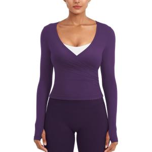 imageYEOREO Minniy Women Wrap Long Sleeve with Thumb Loops V Neck Basic Workout Shirts for Yoga Pilates Going Out Shrug BlouseDark Purple