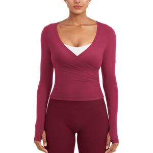 imageYEOREO Minniy Women Wrap Long Sleeve with Thumb Loops V Neck Basic Workout Shirts for Yoga Pilates Going Out Shrug BlouseRuby Red