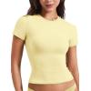 imageYEOREO Women Fitted Workout Tops Short Sleeve Double Lined Basic Y2K Going Out Crew Neck Compression Crop TopCreamy Yellow