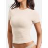 imageYEOREO Women Fitted Workout Tops Short Sleeve Double Lined Basic Y2K Going Out Crew Neck Compression Crop TopLight Oatmea