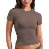 imageYEOREO Women Fitted Workout Tops Short Sleeve Double Lined Basic Y2K Going Out Crew Neck Compression Crop TopMocha