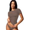 imageYEOREO Women Fitted Workout Tops Short Sleeve Double Lined Basic Y2K Going Out Crew Neck Compression Crop TopMocha