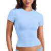 imageYEOREO Women Fitted Workout Tops Short Sleeve Double Lined Basic Y2K Going Out Crew Neck Compression Crop TopPale Blue