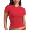 imageYEOREO Women Fitted Workout Tops Short Sleeve Double Lined Basic Y2K Going Out Crew Neck Compression Crop TopRed