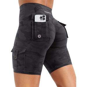 imageYEOREO CoreFlex Women Workout Biker Shorts with Cargo Pockets Hidden Scrunch High Waisted 8quot Inseam Gym ShortsBlack Camo