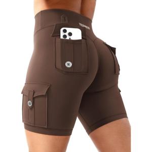 imageYEOREO CoreFlex Women Workout Biker Shorts with Cargo Pockets Hidden Scrunch High Waisted 8quot Inseam Gym ShortsChocolate