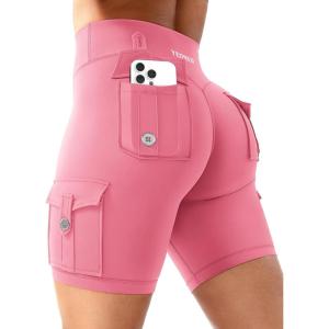 imageYEOREO CoreFlex Women Workout Biker Shorts with Cargo Pockets Hidden Scrunch High Waisted 8quot Inseam Gym ShortsCoral Pink