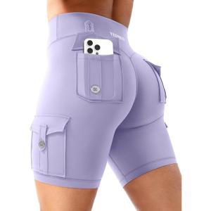 imageYEOREO CoreFlex Women Workout Biker Shorts with Cargo Pockets Hidden Scrunch High Waisted 8quot Inseam Gym ShortsLight Purple