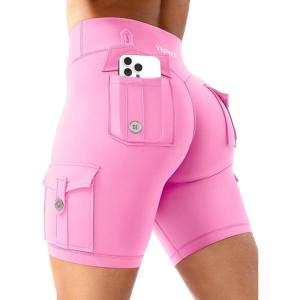 imageYEOREO CoreFlex Women Workout Biker Shorts with Cargo Pockets Hidden Scrunch High Waisted 8quot Inseam Gym ShortsPink