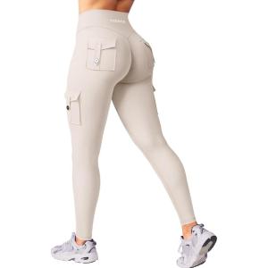 imageYEOREO CoreFlex Workout Cargo Leggings with Pockets for Women Hidden Scrunch Butt Lifting Leggings Gym Yoga PantsLight Khaki
