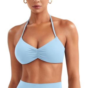 imageYEOREO Halter Sports Bras for Women Adjustable Strappy Open Back Impact Removable Pads Deep V Bra Workout Gym Yoga Crop TopAiry Blue