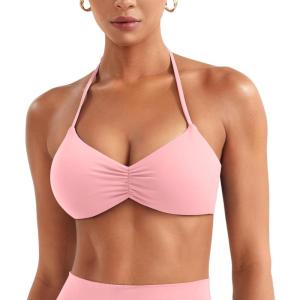 imageYEOREO Halter Sports Bras for Women Adjustable Strappy Open Back Impact Removable Pads Deep V Bra Workout Gym Yoga Crop TopBaby Pink