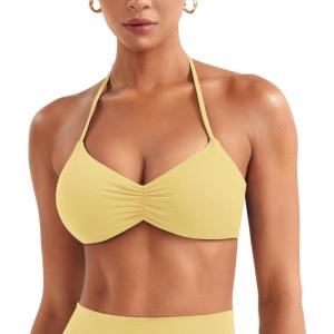 imageYEOREO Halter Sports Bras for Women Adjustable Strappy Open Back Impact Removable Pads Deep V Bra Workout Gym Yoga Crop TopCreamy Yellow
