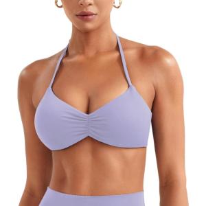 imageYEOREO Halter Sports Bras for Women Adjustable Strappy Open Back Impact Removable Pads Deep V Bra Workout Gym Yoga Crop TopLight Purple