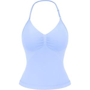 imageYEOREO SoftHue Impact Longline Strappy Top Womens Halter Workout Tank Tops Backless Gym Longline with Adjustable StrapBaby Blue