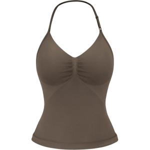 imageYEOREO SoftHue Impact Longline Strappy Top Womens Halter Workout Tank Tops Backless Gym Longline with Adjustable StrapCoffee