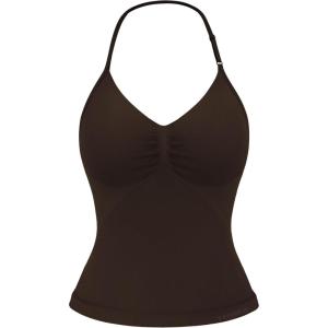 imageYEOREO SoftHue Impact Longline Strappy Top Womens Halter Workout Tank Tops Backless Gym Longline with Adjustable StrapDark Chocolate