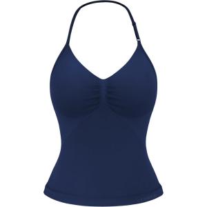 imageYEOREO SoftHue Impact Longline Strappy Top Womens Halter Workout Tank Tops Backless Gym Longline with Adjustable StrapNavy Blue