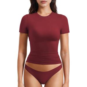 imageYEOREO Women Fitted Workout Tops Short Sleeve Double Lined Basic Y2K Going Out Crew Neck Compression Crop TopAnkara Red