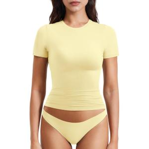 imageYEOREO Women Fitted Workout Tops Short Sleeve Double Lined Basic Y2K Going Out Crew Neck Compression Crop TopCreamy Yellow