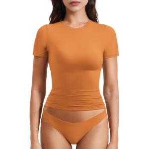 imageYEOREO Women Fitted Workout Tops Short Sleeve Double Lined Basic Y2K Going Out Crew Neck Compression Crop TopGolden Ochre