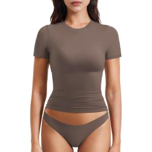 imageYEOREO Women Fitted Workout Tops Short Sleeve Double Lined Basic Y2K Going Out Crew Neck Compression Crop TopMocha