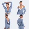 imageYEOREO Women Pilates Wrap Top Long Sleeve Tie Ballet Workout Yoga Shirt Michelie Y2K V Neck Cropped TopsGranite Blue